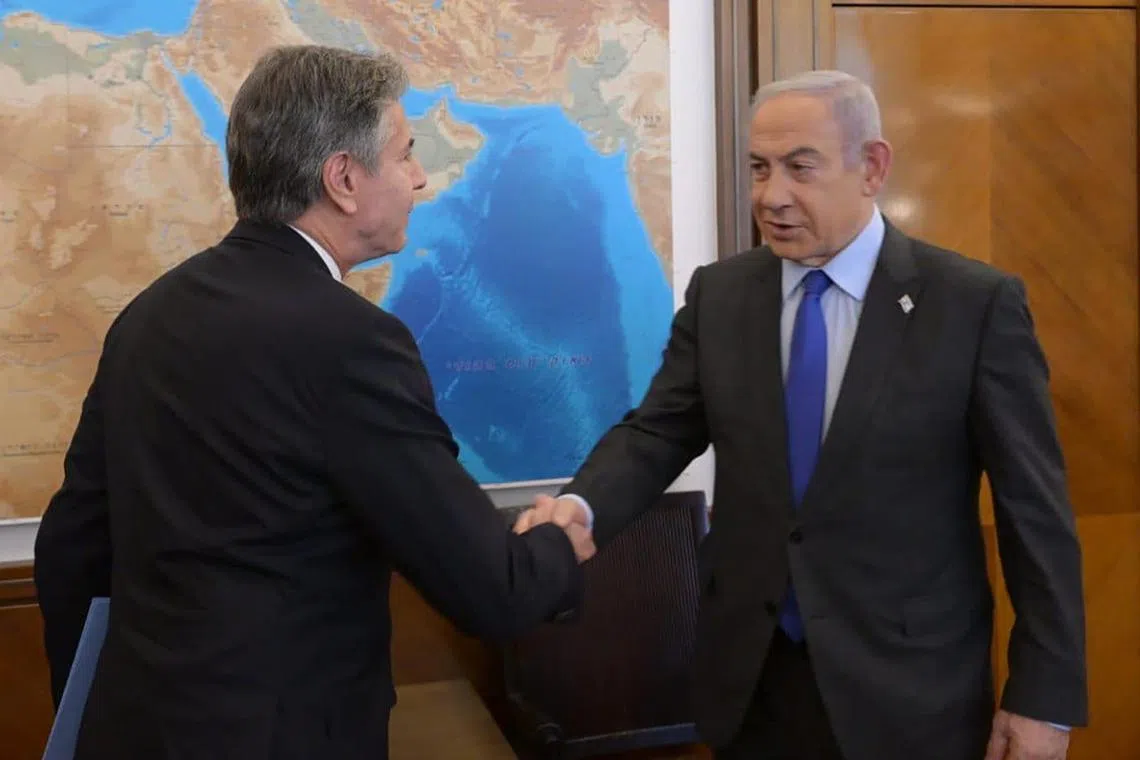 epa11003224 A handout photo made available by Israel's Government Press Office (GPO) shows Israeli Prime Minister Benjamin Netanyahu (R) during his meeting with US Secretary of State Antony Blinken (L) in Jerusalem,l 30 November 2023. The truce between Israel and Hamas has been extended shortly before it was due to expire.  EPA-EFE/GPO/AMOS BEN-GERSHOM HANDOUT  HANDOUT EDITORIAL USE ONLY/NO SALES HANDOUT EDITORIAL USE ONLY/NO SALES