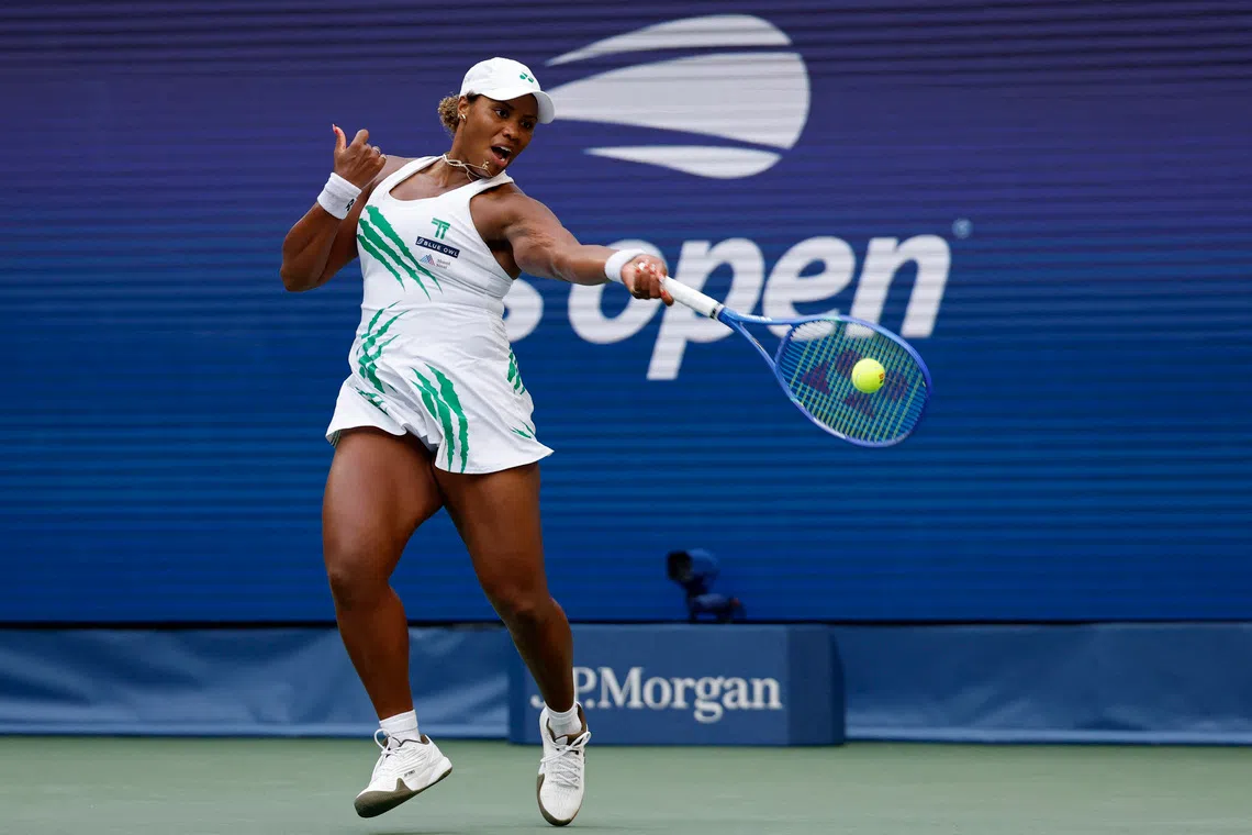 FILE PHOTO: Aug 31, 2025; Flushing, NY, USA; Taylor Townsend (USA) hits a forehand against Barbora Krejcikova (CZE) (not pictured) on day eight of the 2025 US Open tennis championships at Billie Jean King National Tennis Center. Mandatory Credit: Geoff Burke-Imagn Images/File Photo