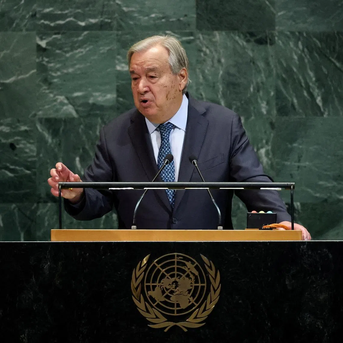 FILE PHOTO: United Nations Secretary-General Antonio Guterres addresses the 80th United Nations General Assembly at U.N. headquarters in New York City, U.S., September 23, 2025.  REUTERS/Mike Segar/File Photo