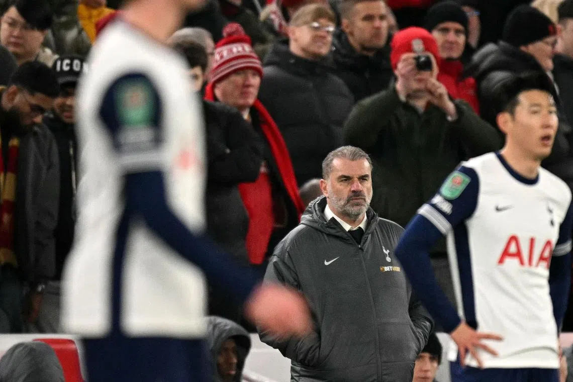 Tottenham Hotspur coach Ange Postecoglou reacts on the touchline during the English League Cup semi-final second leg football match between Liverpool and Tottenham Hotspur. 