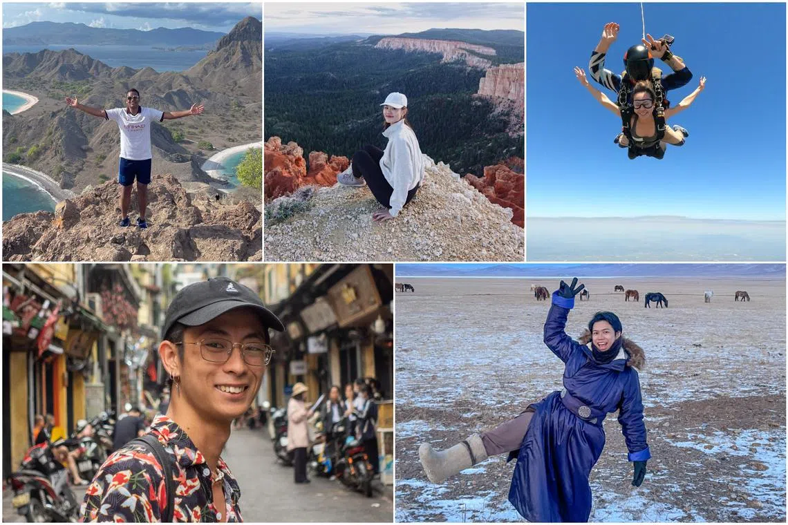 (Clockwise from top left) Basanth Sadasivan, 27; Ms Sharlyn Seet, 22; Ms Nicolette Wee, 23; Mr Dion Ong, 27; and Mr Ng Yi Yang, 28 on their travels.