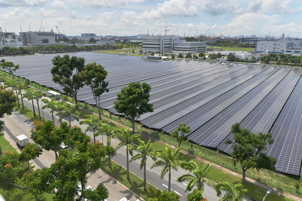 Aerial view of the Sembcorp Tuas Solar Farm on May 6, 2022.
