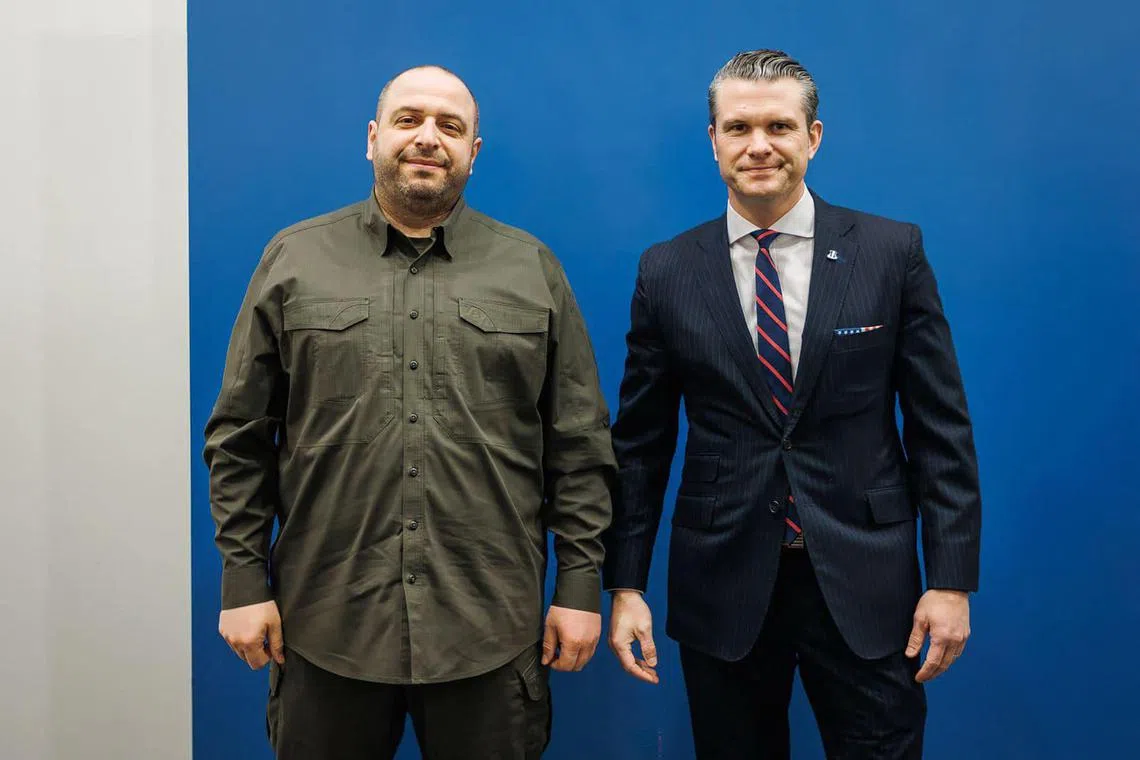 US Defence Secretary Pete Hegseth (right) meets with Ukraine's Defence Minister Rustem Umerov on Feb 12.