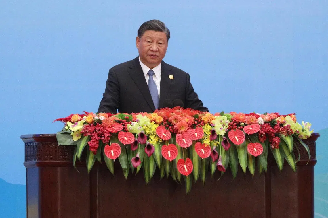 Chinese President Xi Jinping speaking at the opening ceremony of the Belt and Road Forum at the Great Hall of the People in Beijing, on Oct 18.