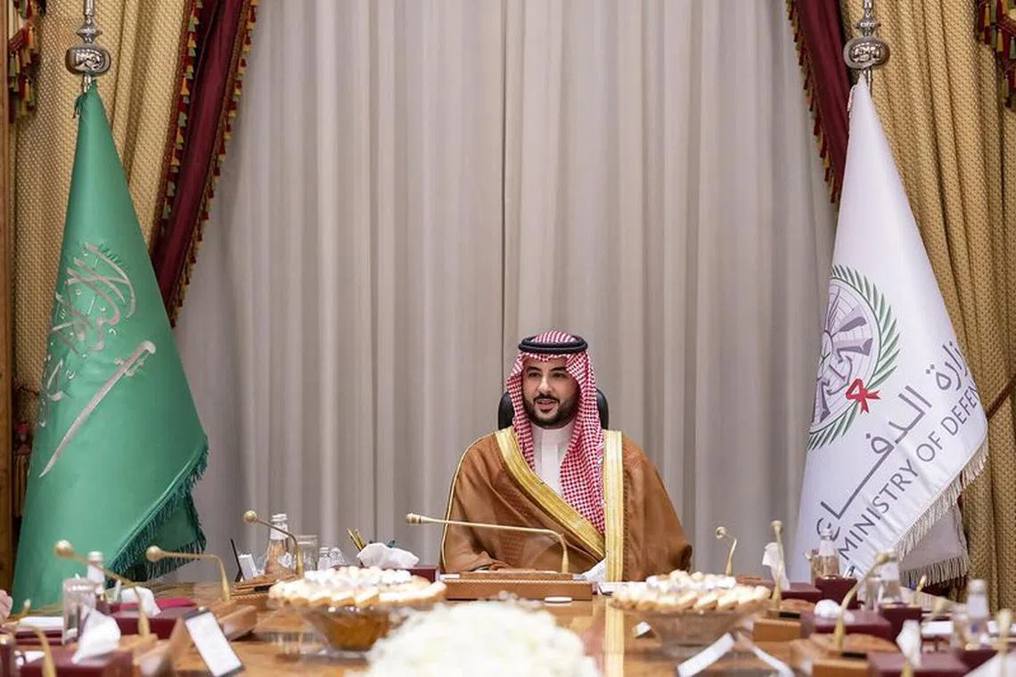 FILE PHOTO: Saudi's new Defence Minister, Prince Khalid bin Salman chairs his first meeting with military officials in the Ministry of Defence in Riyadh, Saudi Arabia, September 28, 2022. Saudi Press Agency/Handout via REUTERS/File Photo