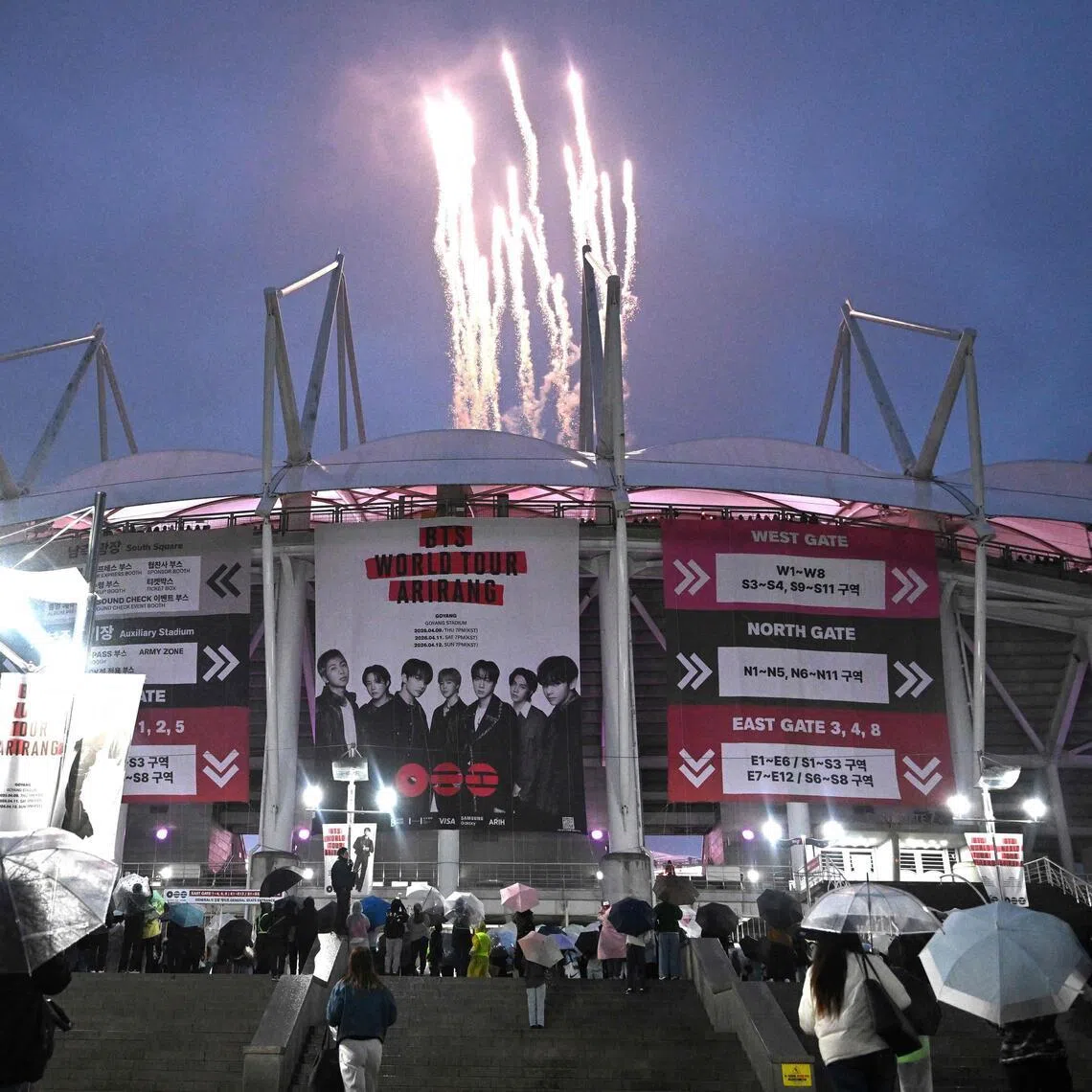 Fireworks explode at a stadium BTS is performing in Goyang, South Korea on April 9, 2026. 