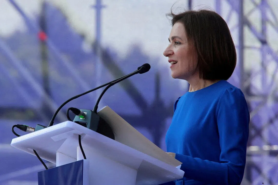 FILE PHOTO: Moldovan President Maia Sandu delivers a speech during a rally to support a European path for the country, in Chisinau, Moldova, May 21, 2023. REUTERS/Vladislav Culiomza/File Photo