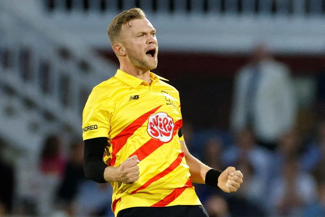 FILE PHOTO: Cricket - The Hundred Final - Men - Trent Rockets v Manchester Originals - Lords, London, Britain - September 3, 2022 Trent Rockets' Sam Cook celebrates after bowling out Manchester Originals' Tom Lammonby Action Images via Reuters/John Sibley/File Photo