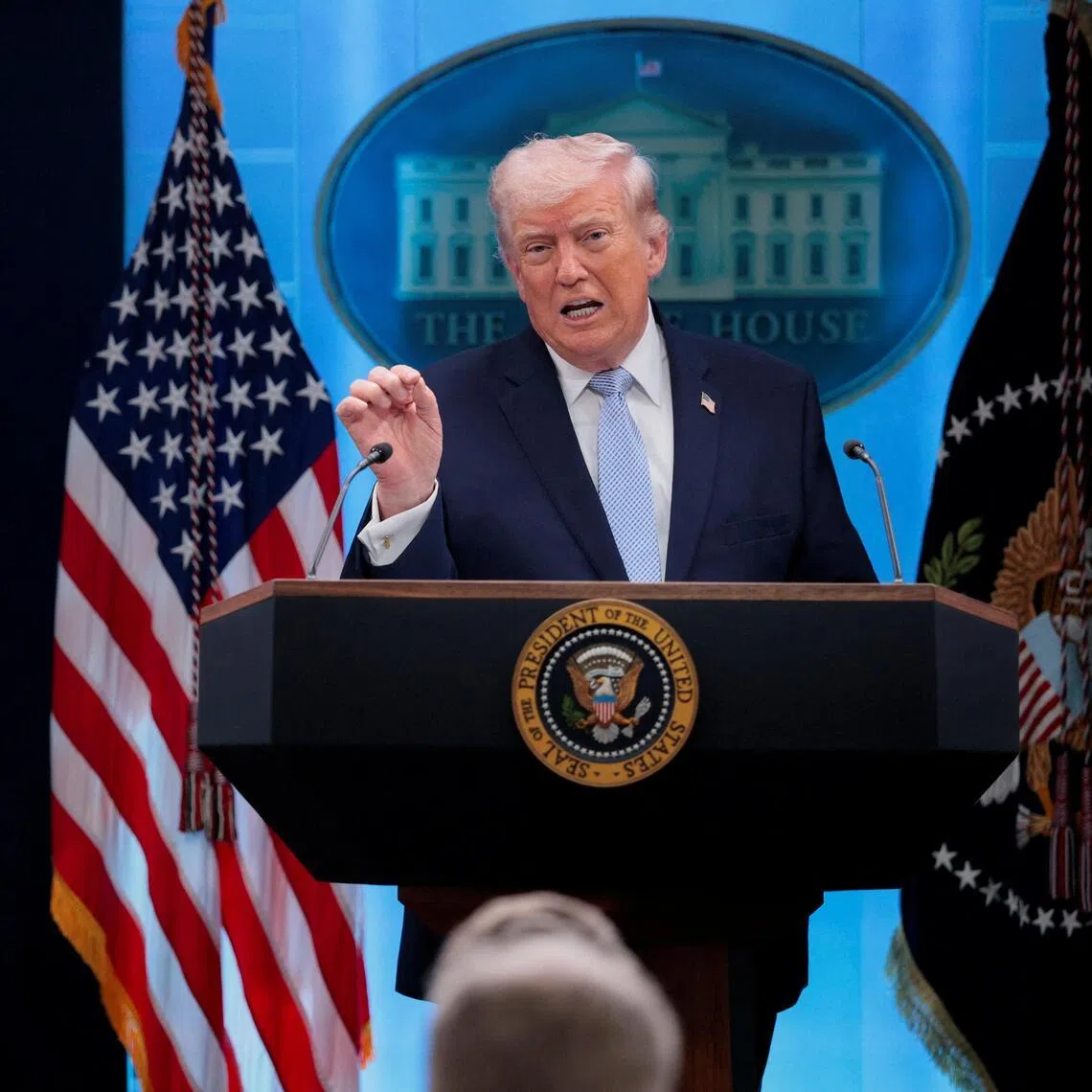 US President Donald Trump speaking at a press briefing on the US-Israel war on Iran at the White House on April 6.
