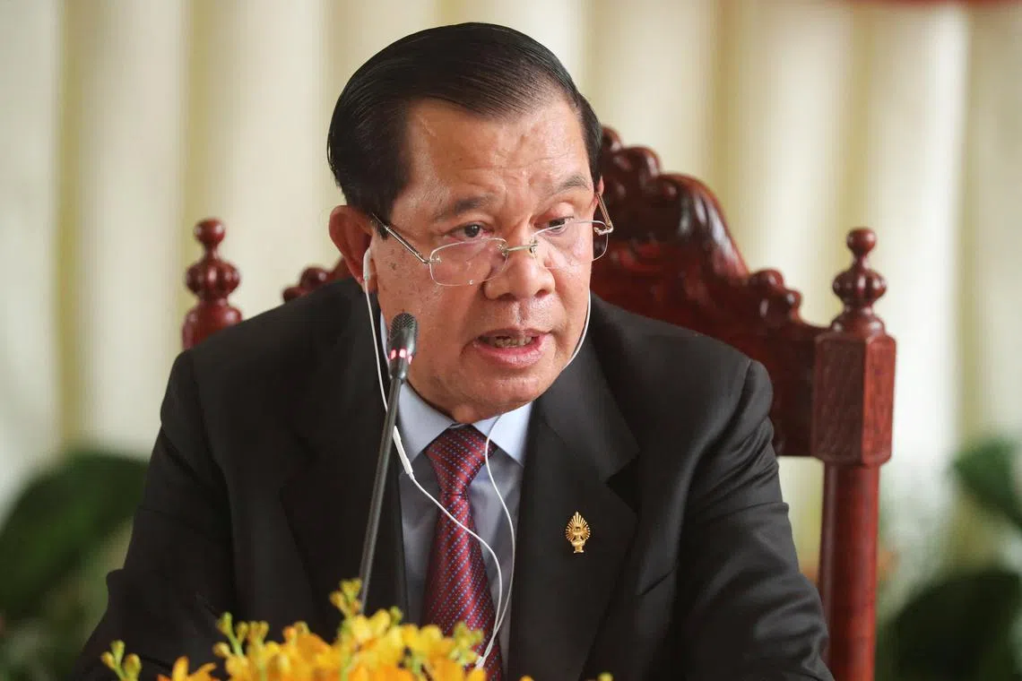 FILE PHOTO: Hun Sen speaks at a press conference at the National Assembly after a vote to confirm his son, Hun Manet, as Cambodia's prime minister in Phnom Penh, Cambodia, August 22, 2023. REUTERS/Cindy Liu/File Photo