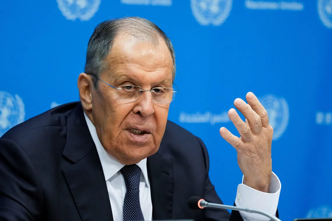 Russia's Foreign Minister Sergei Lavrov speaks during a press conference after addressing the 80th United Nations General Assembly at U.N. headquarters in New York, U.S., September 27, 2025. REUTERS/Eduardo Munoz