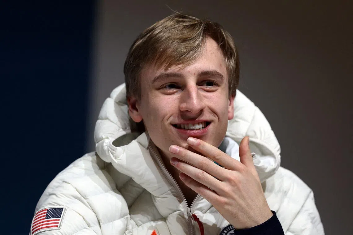 FILE PHOTO: Milano Cortina 2026 Winter Olympics - Speed Skating - United States team press conference - Main Press Centre, Milan, Italy - February 4, 2026 Jordan Stolz of United States during the press conference REUTERS/Yves Herman/File Photo