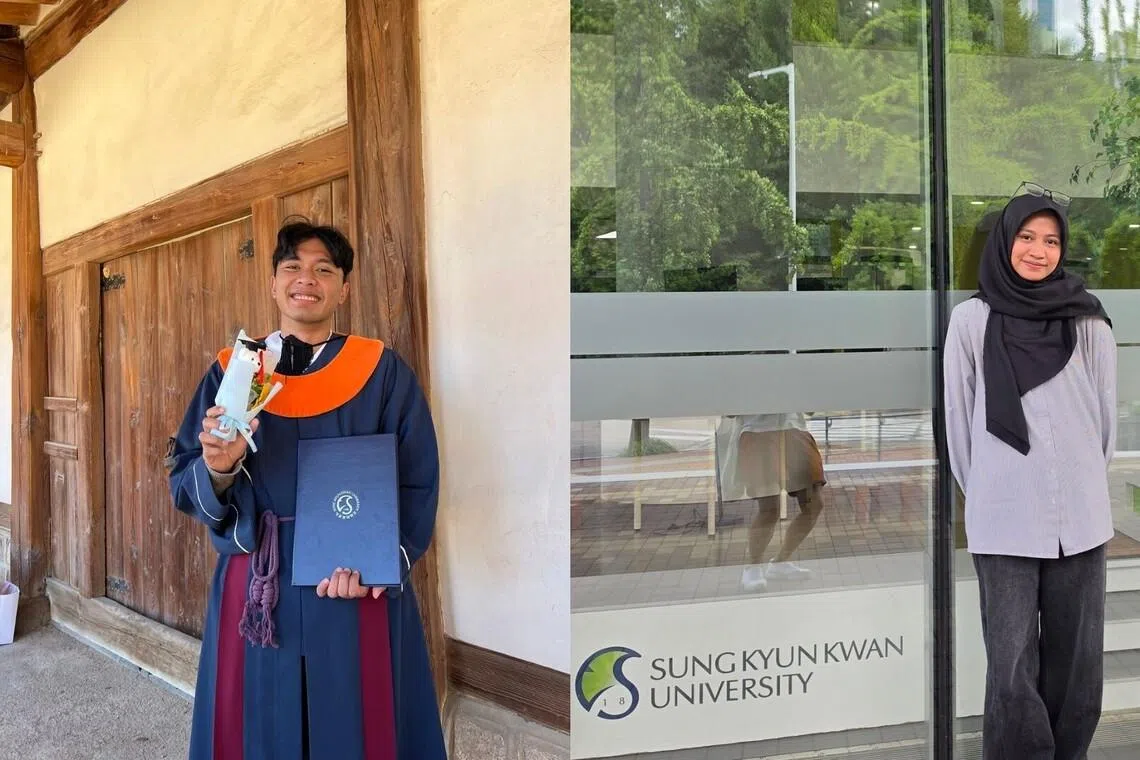 Indonesian Raihan Muhammad Syahran (left) graduated with a master’s degree in electrical and computer engineering from SKKU in February, while fellow Indonesian Maharani just enrolled in the university’s computer science master’s programme.