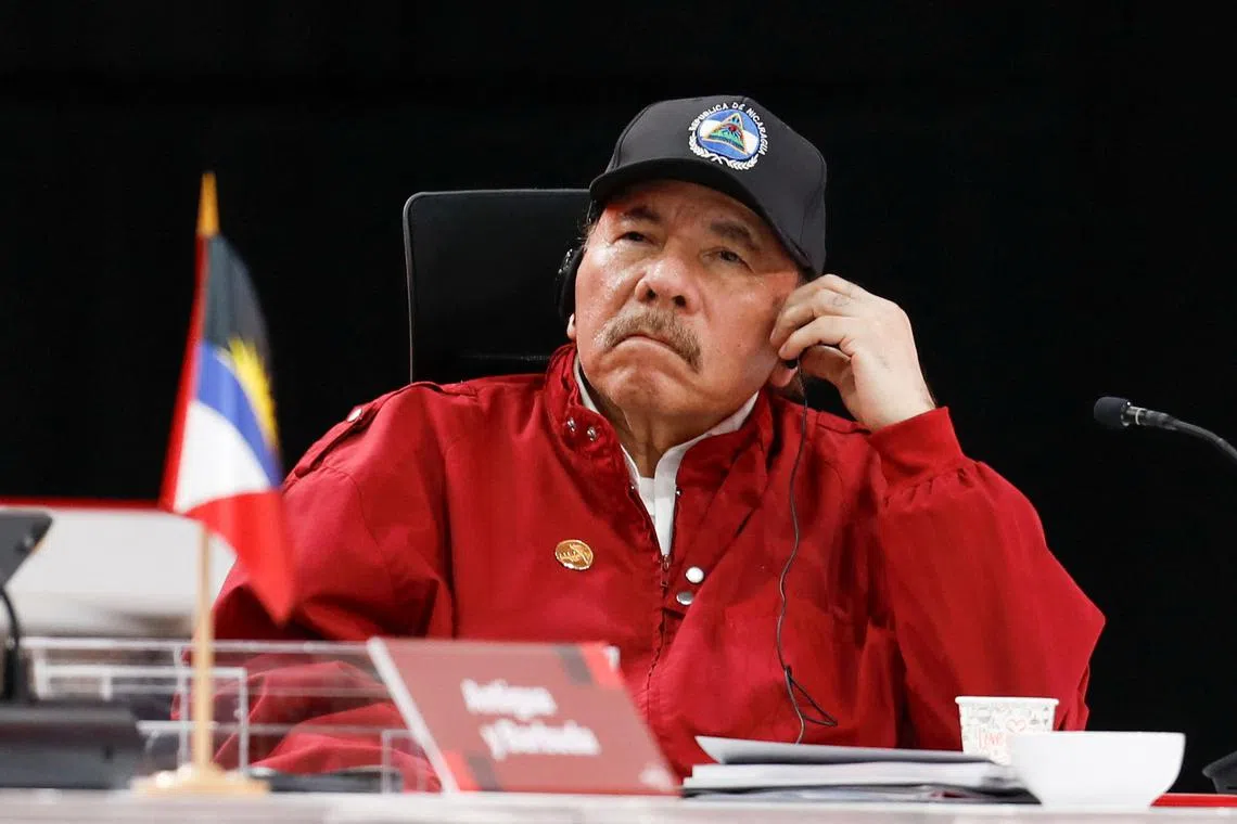 FILE PHOTO: Nicaragua's President Daniel Ortega looks on as he attends a meeting of leaders of the member states of the Bolivarian Alliance for the Peoples of Our America and the Treaty of Commerce and Promotion (ALBA-TCP), in Caracas, Venezuela December 14, 2024. REUTERS/Leonardo Fernandez Viloria/File Phto