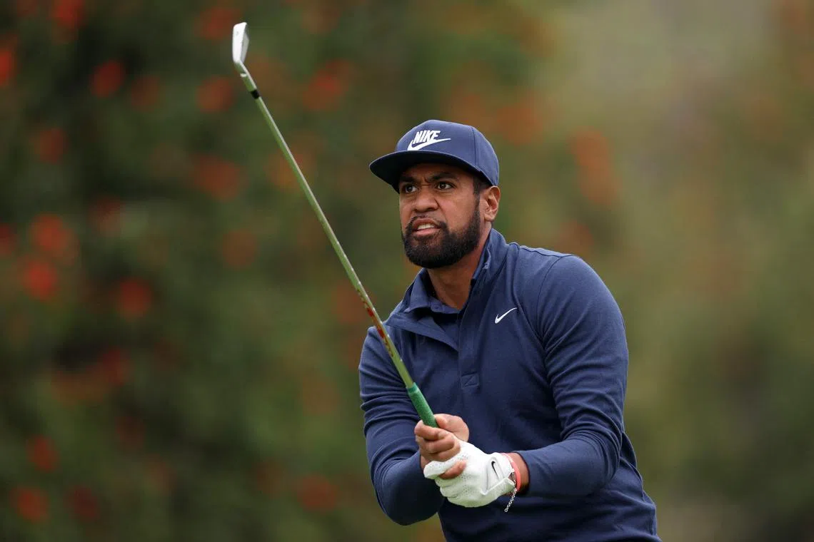 Tony Finau of the United States plays his shot from the fourth tee during the third round of The Genesis Invitational, where he finished in a tie for 19th.