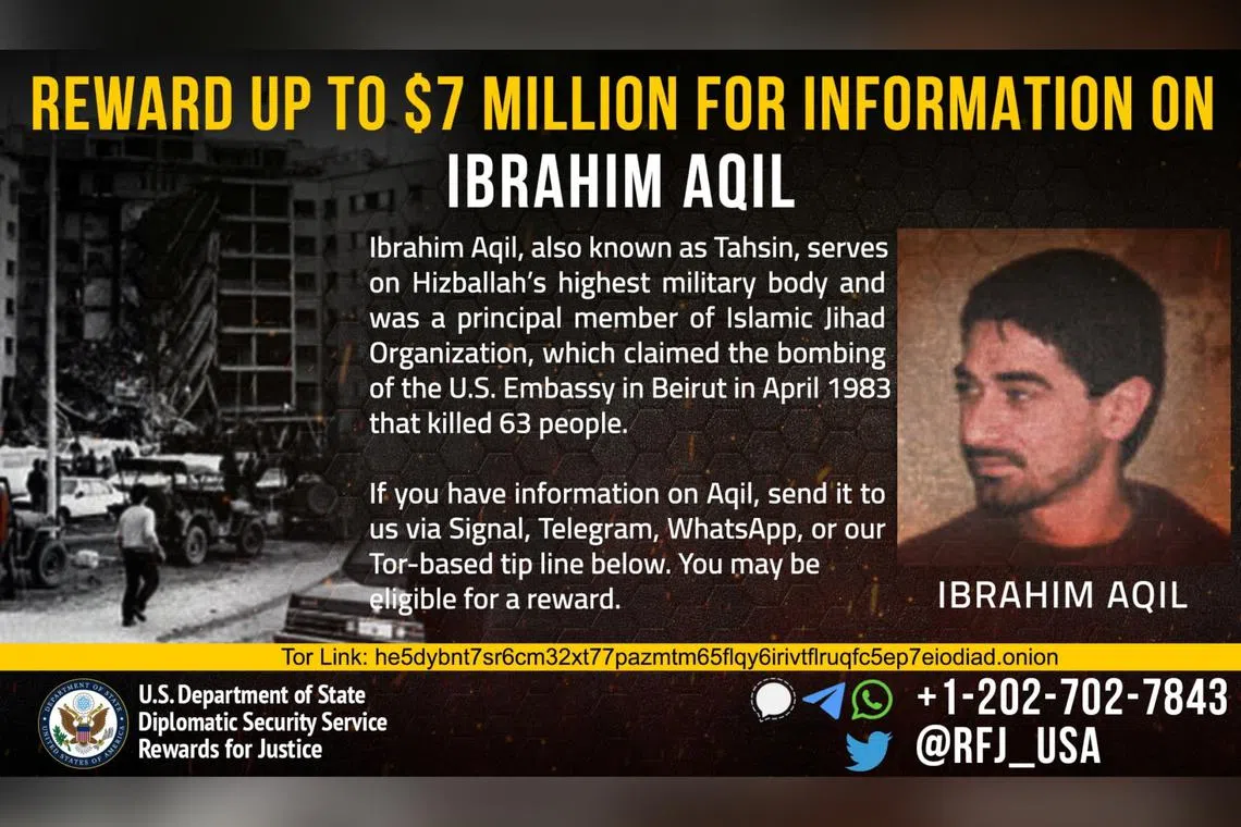 Ibrahim Aqil was wanted in the US for his role in two bombing attacks in 1983 that killed more than 350 people at the US Embassy in Beirut and the US Marine Corps barracks. 