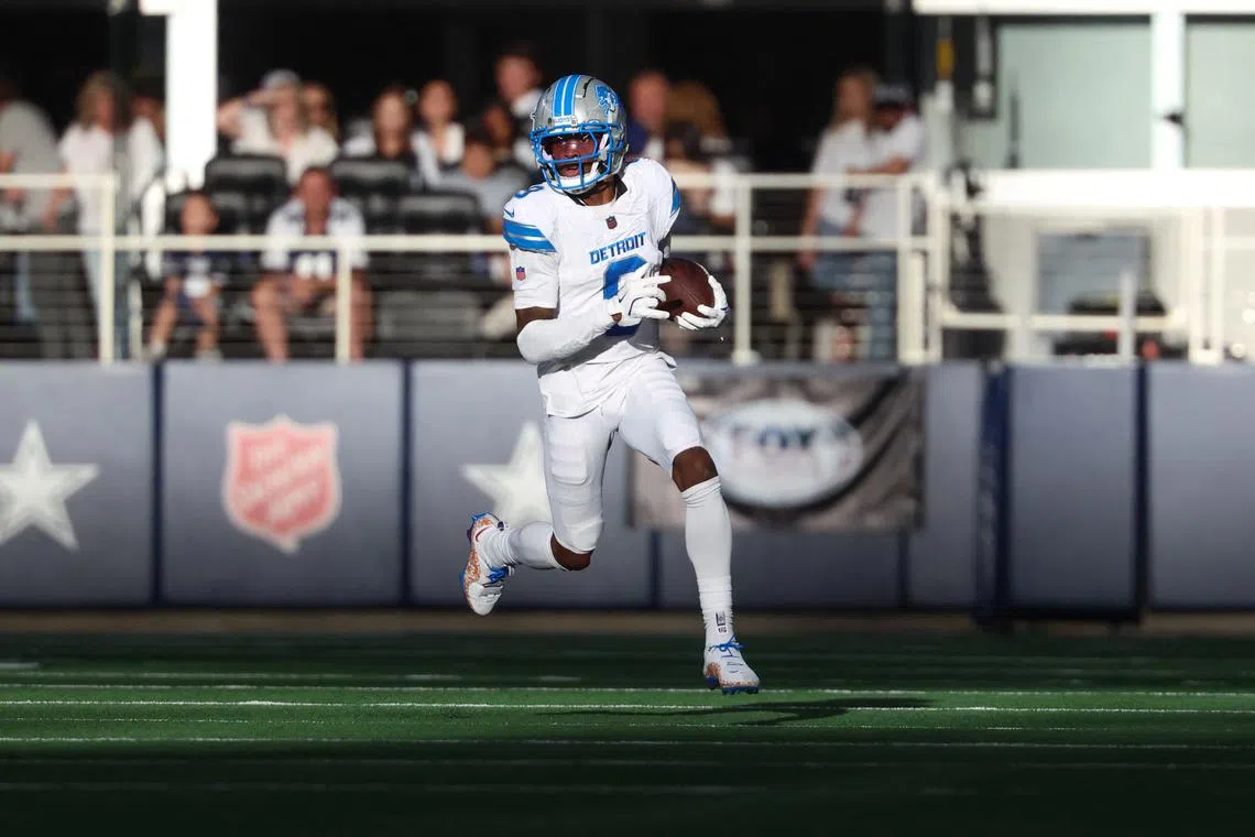 FILE PHOTO: Oct 13, 2024; Arlington, Texas, USA;  Detroit Lions wide receiver Jameson Williams (9) runs with the ball during the second half against the Dallas Cowboys at AT&T Stadium. Mandatory Credit: Kevin Jairaj-Imagn Images/File Photo
