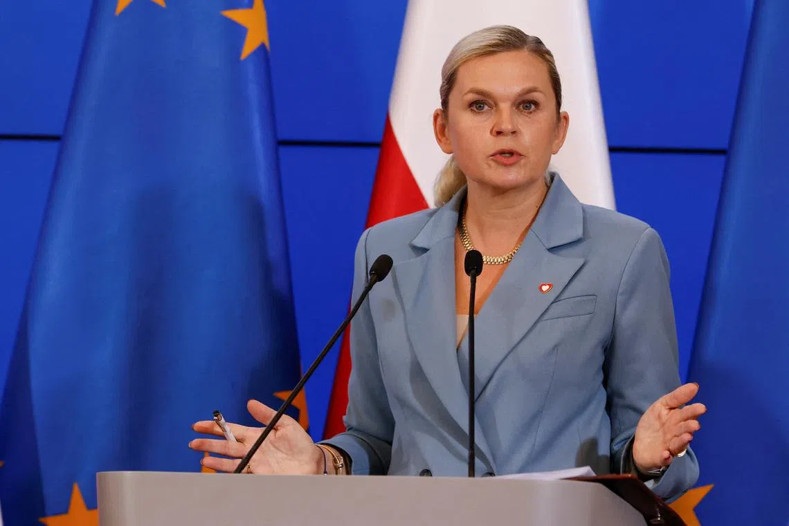 Poland's Minister of Education Barbara Nowacka speaks during a press conference on a government plan to ban mobile phones for under-16s in primary schools and introduce stricter age verification rules for accessing pornography, in Warsaw, Poland, June 2, 2026. The ban is set to take effect on September 1, 2026. REUTERS/Kuba Stezycki