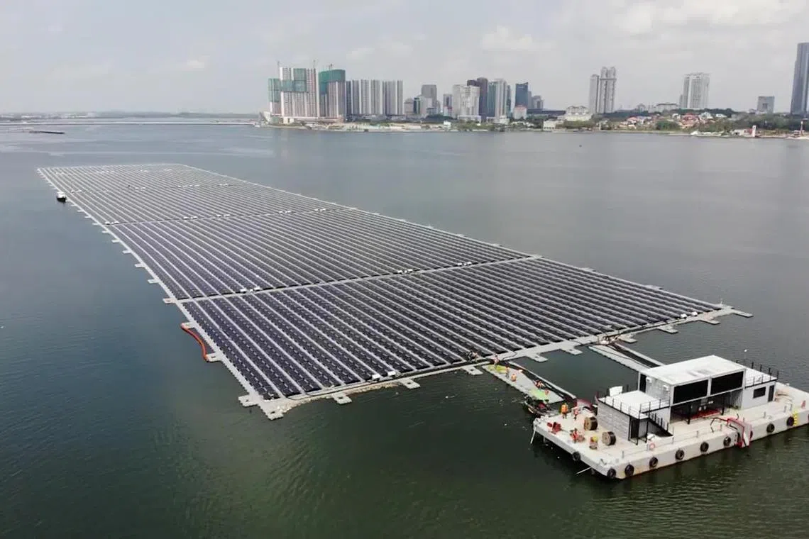 The floating solar farm in seawater in the Strait of Johor, off Woodlands, is expected to produce an estimated 6 million kilowatt hours of energy per year.