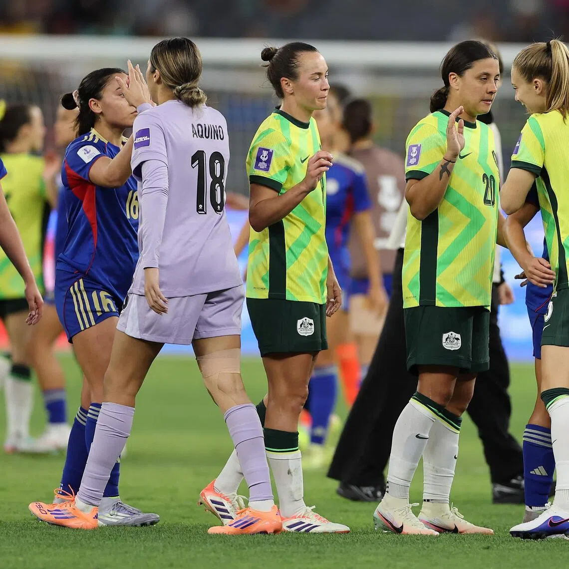 Australia's Samantha Kerr (2nd right) and teammates shake hands with Philippines' playres after the AFC Women’s Asian Cup football match at Perth Stadium on March 1, 2026.