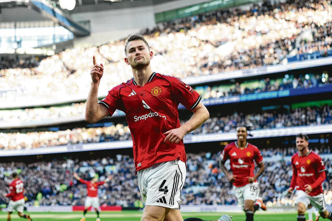 Manchester United's Matthijs de Ligt celebrates scoring their second goal in the 2-2 draw against Tottenham Hotspur.