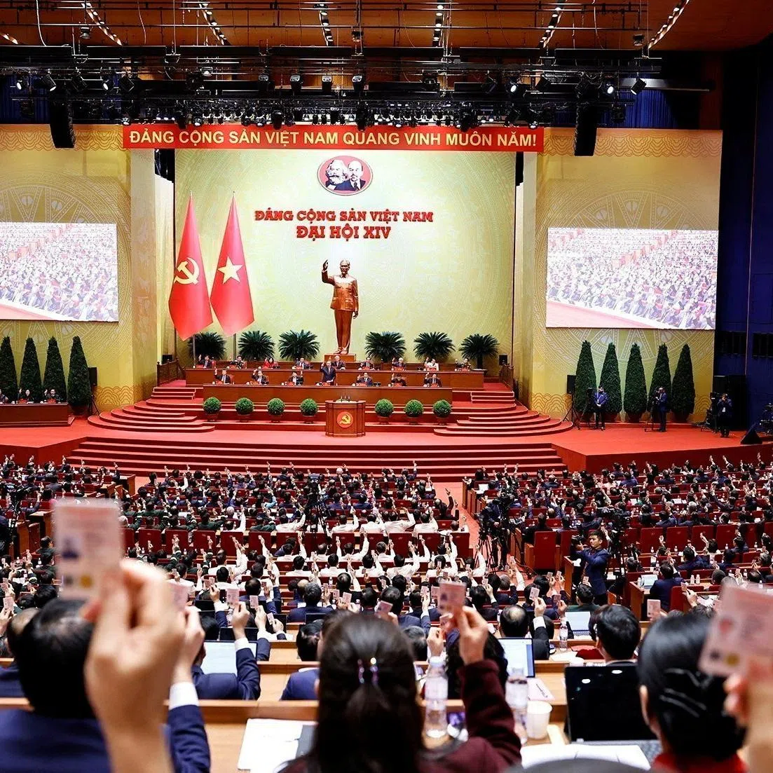 Delegates attend a voting session to approve Party Central Committee members during the 14th National Party Congress in Hanoi, Vietnam, January 22, 2026. VNA/Handout via REUTERS