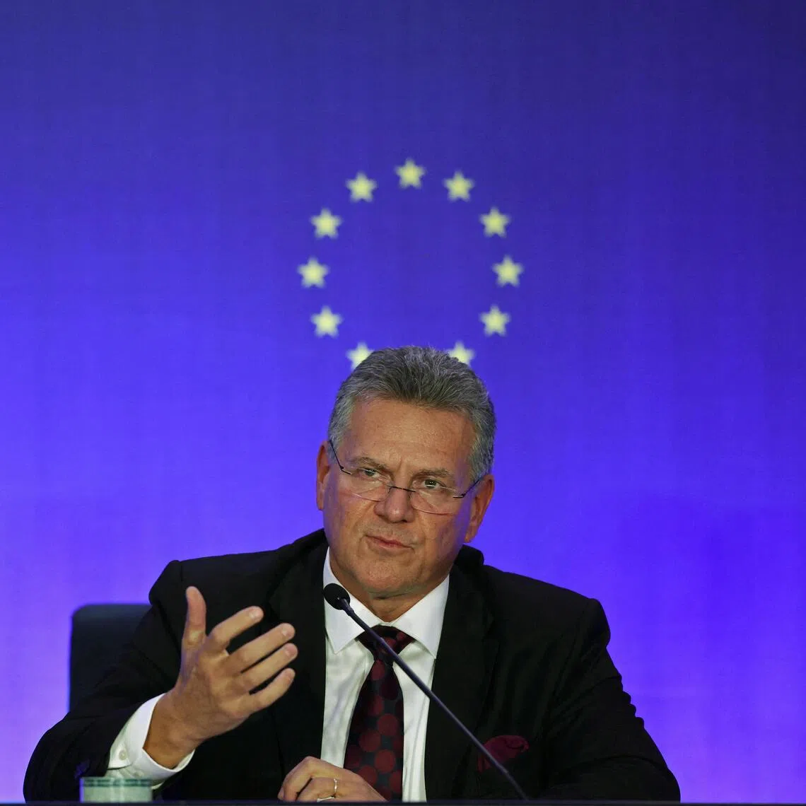 European Commissioner for Trade and Economic Security Maros Sefcovic speaks at a press briefing at the EU Delegation to China in Beijing, on Oct 9.