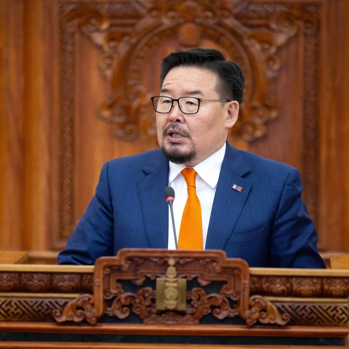 New Mongolian Prime Minister Gombojav Zandanshatar speaks after a vote in parliament in Ulaanbaatar on June 13.