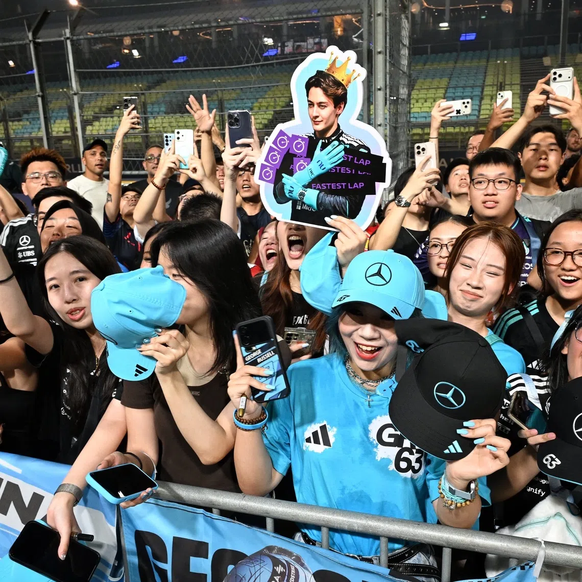 Fans of the Mercedes-AMG PETRONAS F1 Team waiting for their drivers at the F1 Pit Lane Experience on Oct 8, 2026.[NOTE: F1 photos are for editorial use only and NOT for sale.]