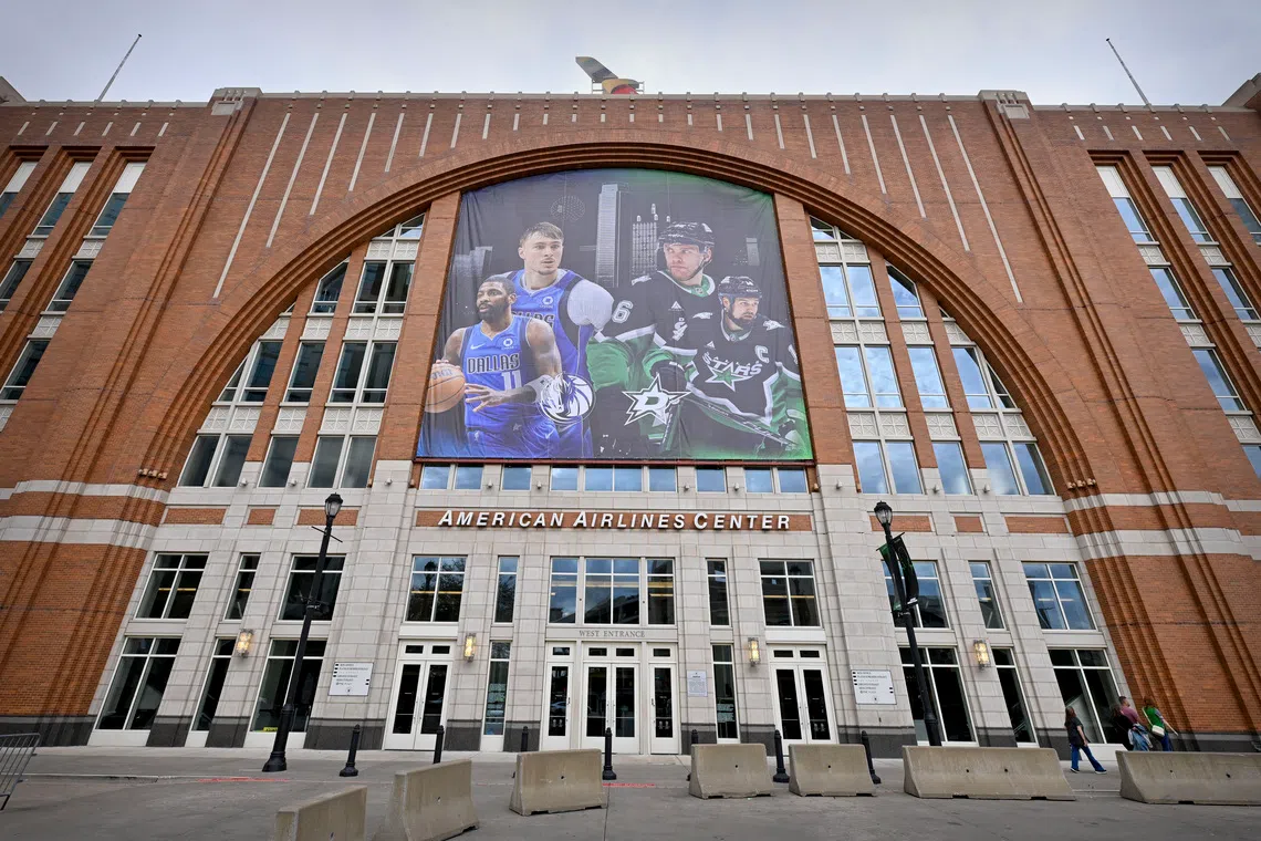 Oct 2, 2026; Dallas, Texas, USA; A view of the arena and the team banner featuring photos of Dallas Stars right wing Mikko Rantanen (96) and left wing Jamie Benn (14) and Dallas Mavericks players Cooper Flagg and Kyrie Irving before the game between the Dallas Stars and the St. Louis Blues at the American Airlines Center. Mandatory Credit: Jerome Miron-Imagn Images