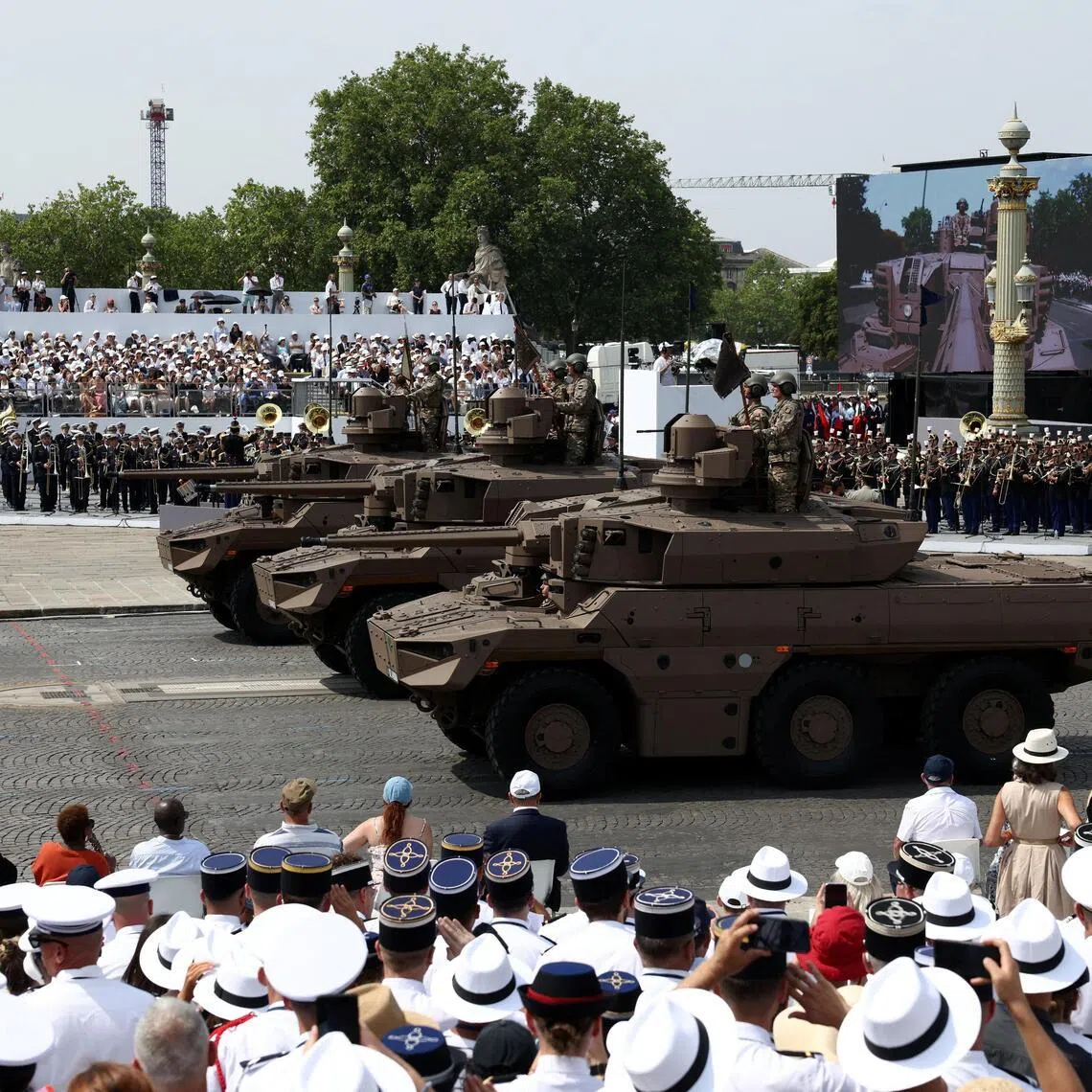 The parade marks the storming of the Bastille fortress in the French revolution.