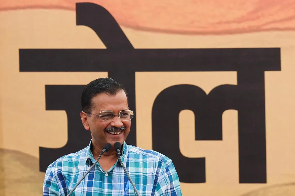 Aam Aadmi Party (AAP) National Convenor and Delhi Chief Minister Arvind Kejriwal speaks as he takes part in a protest along with other party leaders and asks Bharatiya Janata Party (BJP) to arrest them after Kejriwal's aide Bibhav Kumar was arrested by Delhi police in an assault case filed by Swati Maliwal, an AAP Rajya Sabha MP, near BJP headquarters, in New Delhi, India, May 19, 2024. REUTERS/Anushree Fadnavis/ File Photo