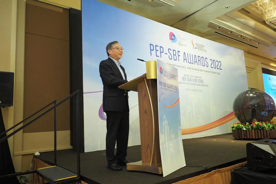 Trade and Industry Minister Gan Kim Yong giving a speech at the Pro-Enterprise Panel-Singapore Business Federation Awards ceremony on Nov 29, 2022.