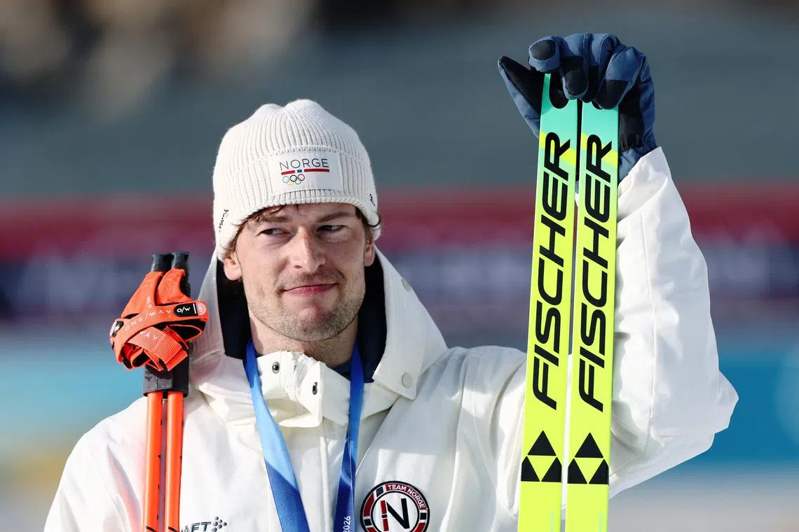 Milano Cortina 2026 Olympics - Biathlon - Men's 10km Sprint Victory Ceremony - Anterselva Biathlon Arena, South Tyrol, Italy - February 13, 2026. Bronze medallists Sturla Holm Laegreid of Norway poses after winning bronze in Men's 10km Sprint REUTERS/Eloisa Lopez