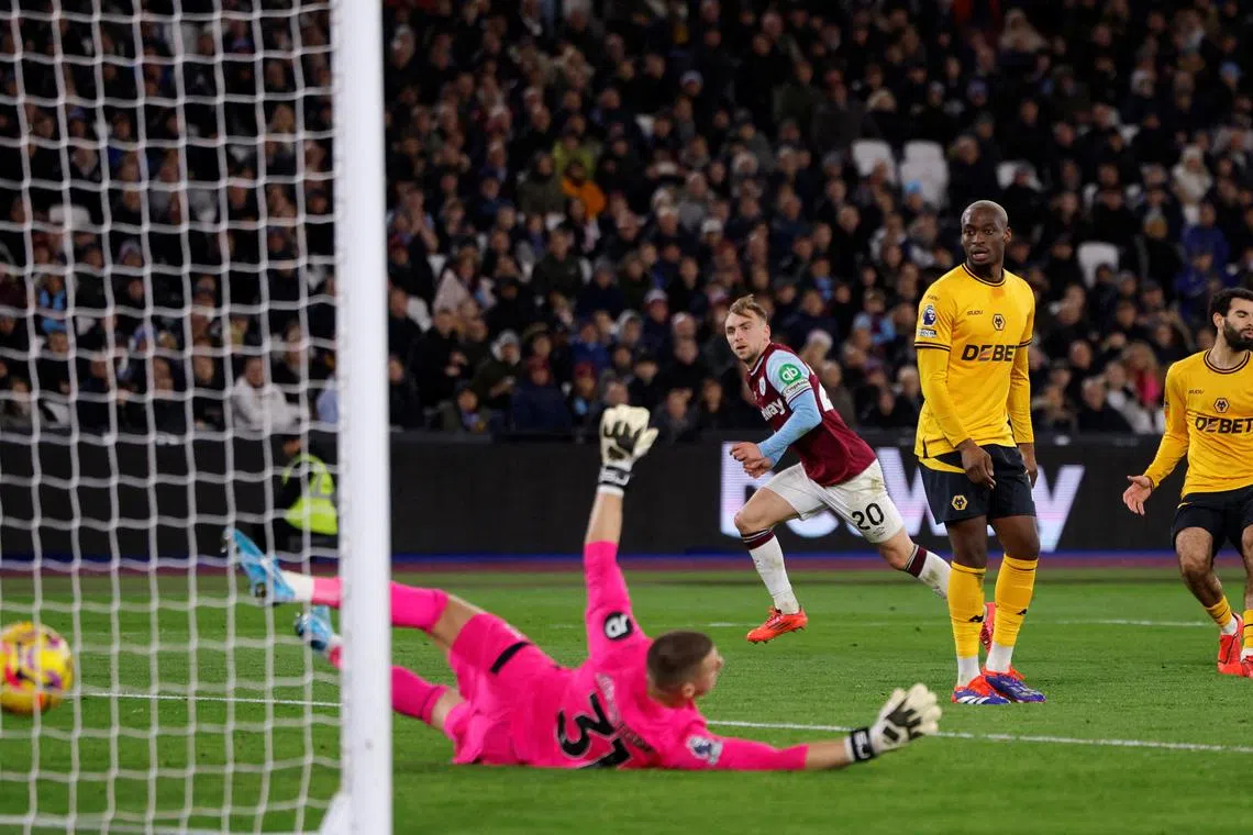 West Ham United's Jarrod Bowen scores their second goal in the 2-1 Premier League win over Wolverhampton Wanderers.