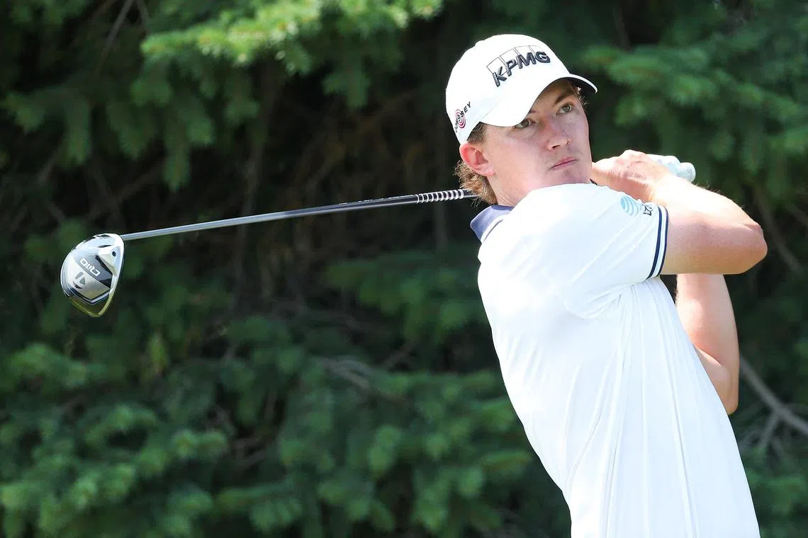 FILE PHOTO: Jul 28, 2024; Blaine, Minnesota, USA; Maverick McNealy hits his tee shot on the second hole during the final round of the 3M Open golf tournament. Mandatory Credit: Matt Krohn-USA TODAY Sports/File photo
