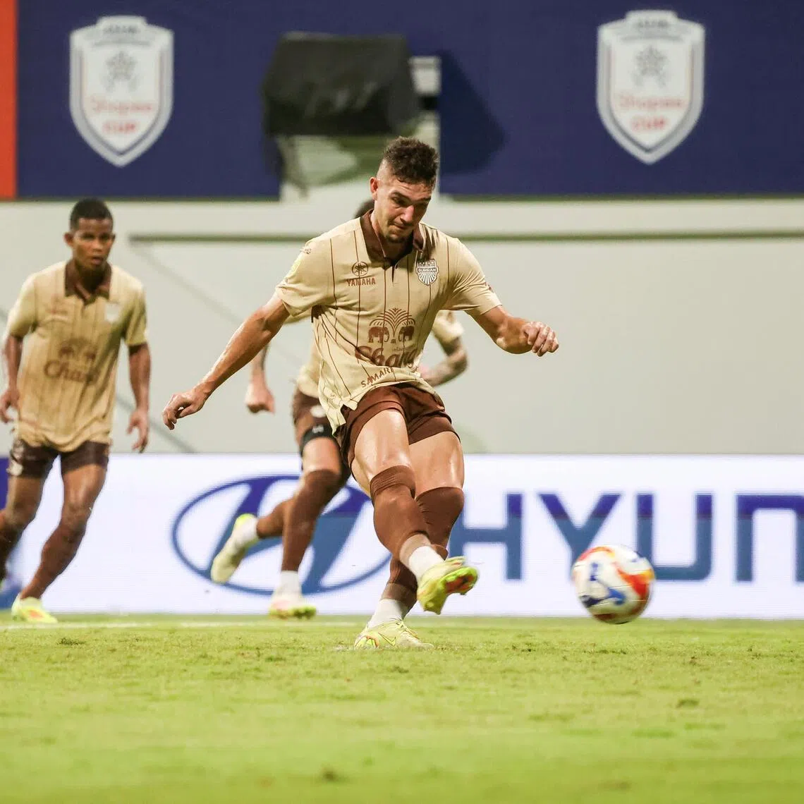 Buriram United forward Guilherme Bissoli scoring a penalty during their 4-1 Asean Club Championship win over BG Tampines Rovers on Jan 28.