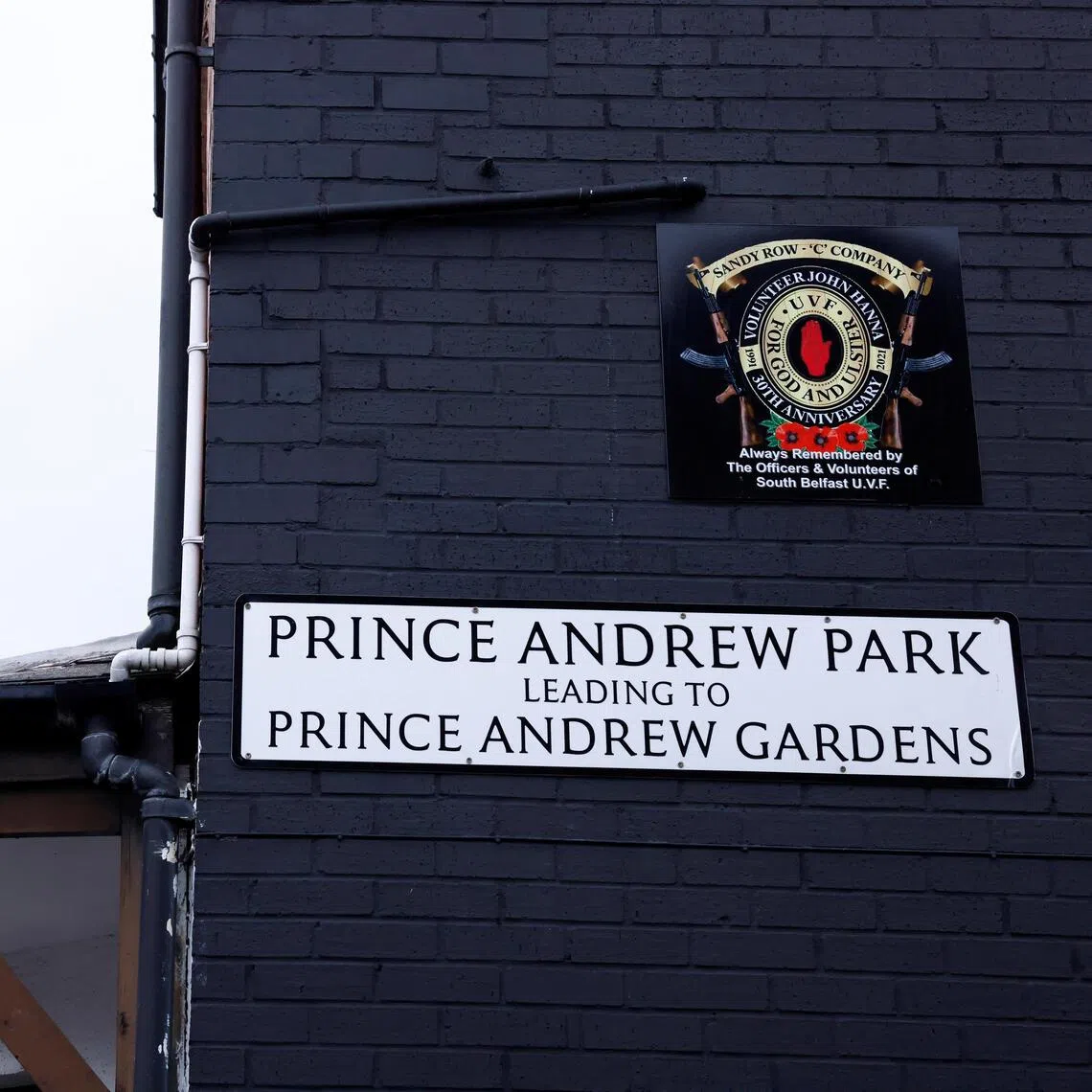A sign for 'Prince Andrew park and gardens' on a wall in Belfast, Ireland as calls to change ‘Prince Andrew’ place names and street signs intensified.