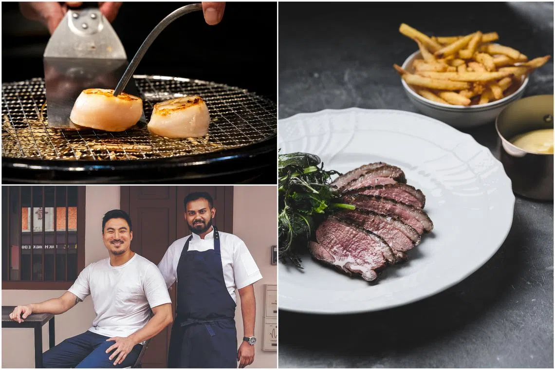 (Clockwise from top left) Straw-smoked Hokkaido scallops by Miyoshi, Nordic brasserie food served at Brasserie Astoria, and chefs Mano Thevar and Sun Kim, who are opening casual restaurant Tambi.