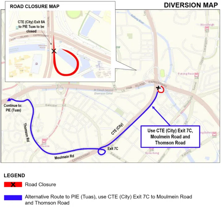 Motorists who use the exit to get onto the PIE should instead use Exit 7C and enter the PIE via Moulmein Road and Thomson Road.