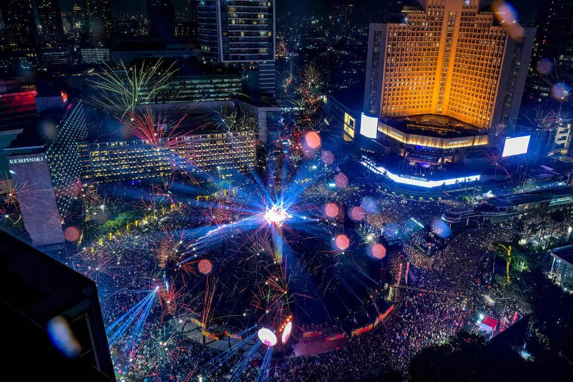 Fireworks lighting up the midnight sky during the 2026 New Year's Day celebrations in Jakarta on Jan 1, 2026. 