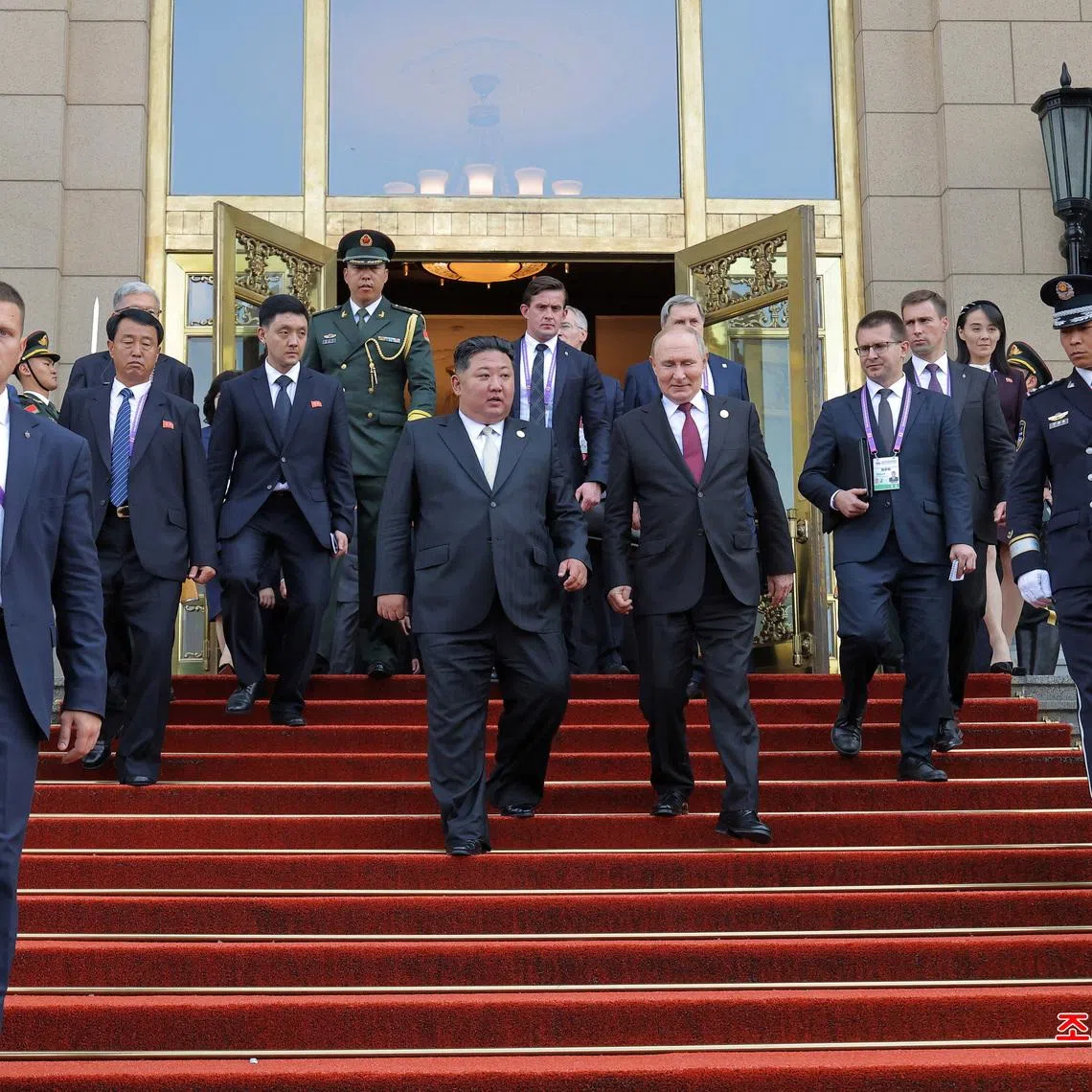 North Korean leader Kim Jong Un and Russian President Vladimir Putin  during their visit to Beijing on Sept 3, 2025.
