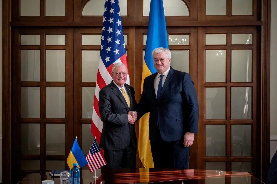 Ukraine's Foreign Minister Andrii Sybiha meets with U.S. Special Envoy for Ukraine and Russia Keith Kellogg, amid Russia's attack on Ukraine, in Kyiv, Ukraine February 20, 2025. Eduard Kryzhanivskyi/Press Service of Ministry of Foreign Affairs of Ukraine/Handout via REUTERS/ File Photo