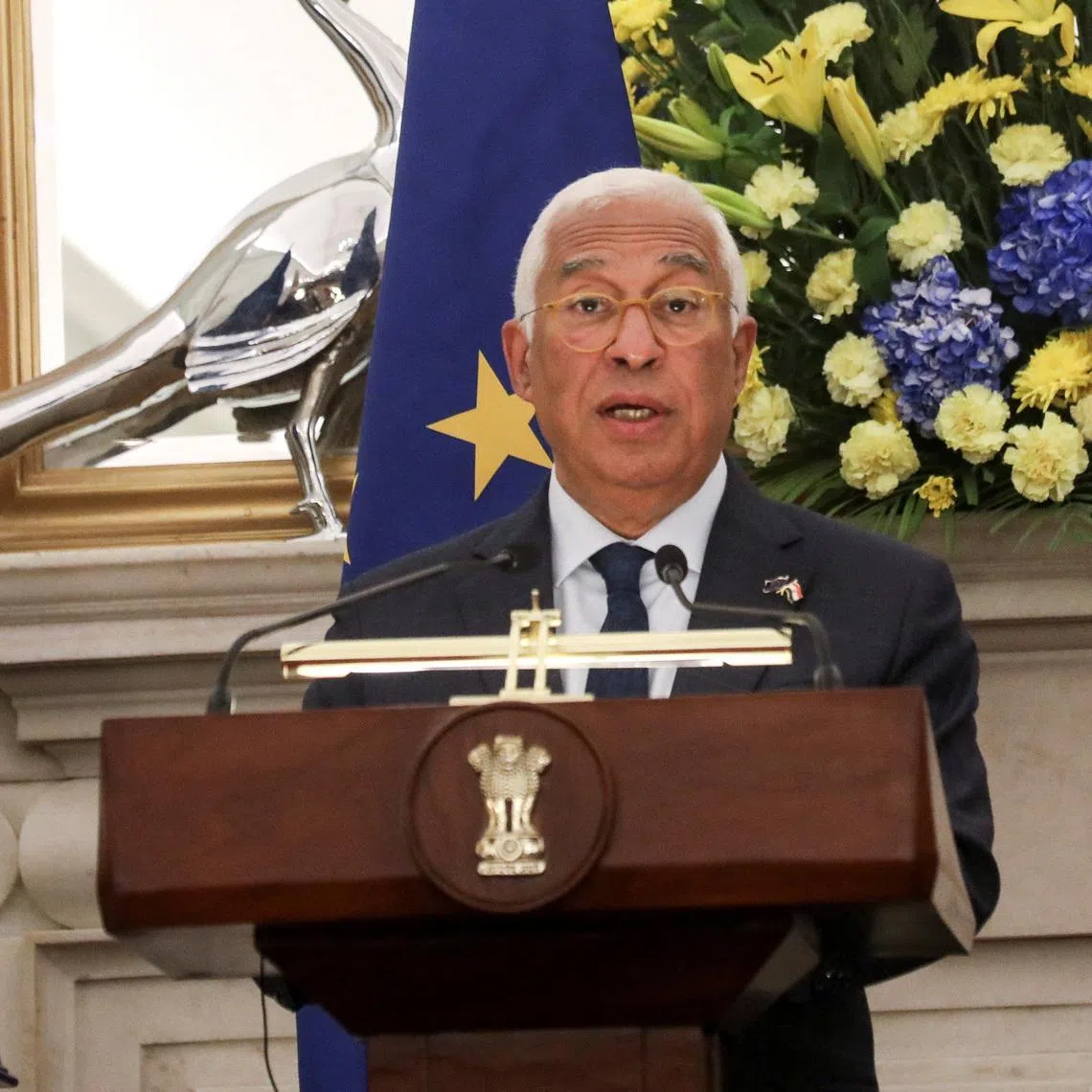 FILE PHOTO: European Council President Antonio Costa speaks during a joint press statement with Indian Prime Minister Narendra Modi and European Commission President Ursula von der Leyen at the Hyderabad House in New Delhi, India, January 27, 2026. REUTERS/Altaf Hussain/File Photo