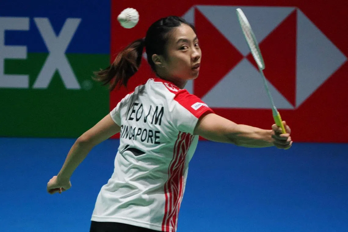 Yeo Jia Min of Singapore hits a return against Han Yue of China during their women's singles second round match on the third day of the Japan Open badminton tournament in Tokyo on July 27, 2023. (Photo by Toshifumi KITAMURA / AFP)