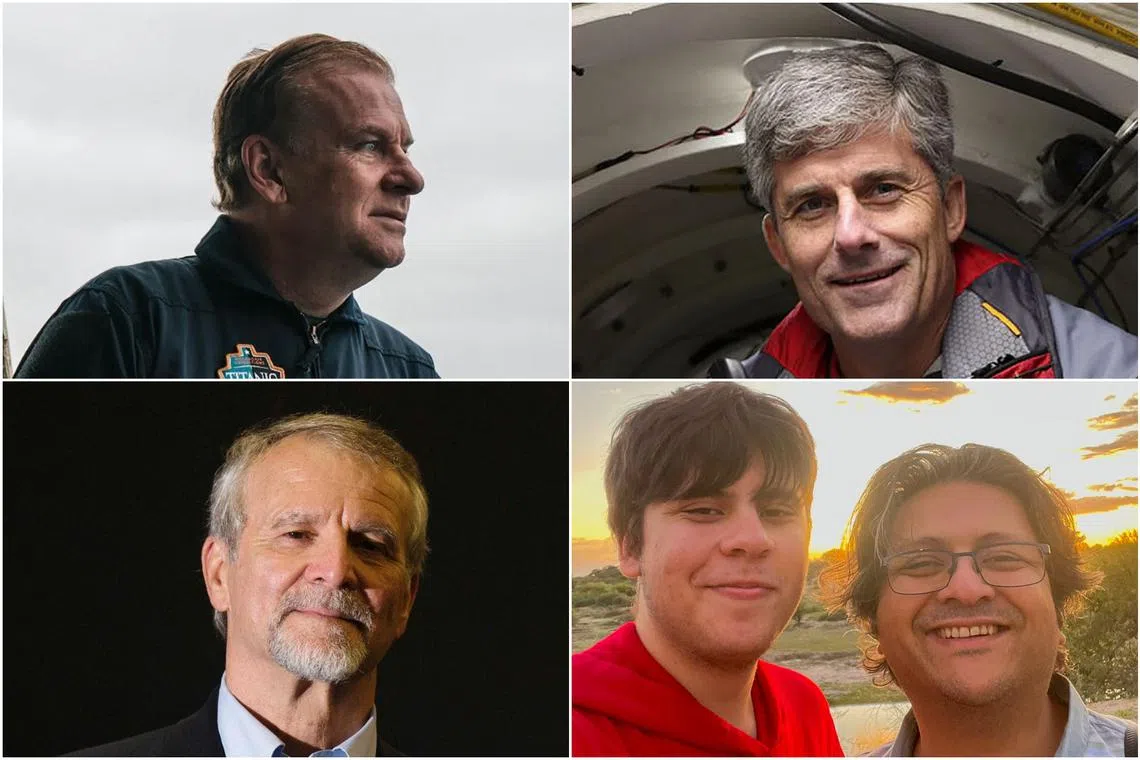 The five people aboard were (clockwise from top left) British billionaire Hamish Harding, OceanGate Expeditions CEO Stockton Rush, Pakistani tycoon Shahzada Dawood and his son Suleman, and French submarine operator Paul-Henri Nargeolet.