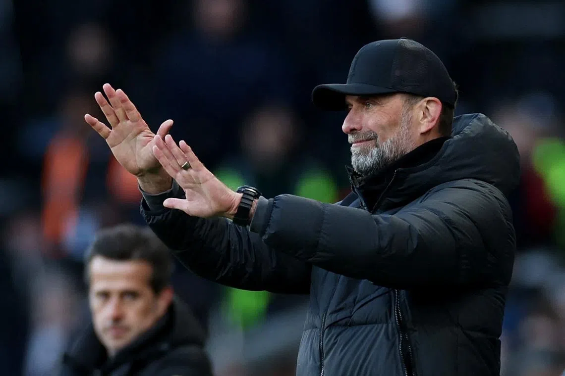 FILE PHOTO: Soccer Football - Premier League - Fulham v Liverpool - Craven Cottage, London, Britain - April 21, 2024 Liverpool manager Juergen Klopp reacts REUTERS/Isabel Infantes/File Photo