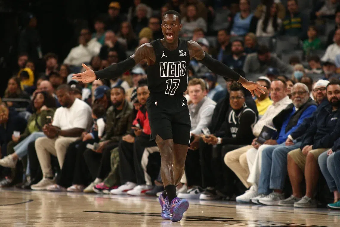 FILE PHOTO: Dec 13, 2024; Memphis, Tennessee, USA; Brooklyn Nets guard Dennis Schroder (17) reacts during the first quarter against the Memphis Grizzlies at FedExForum. Mandatory Credit: Petre Thomas-Imagn Images/File Photo