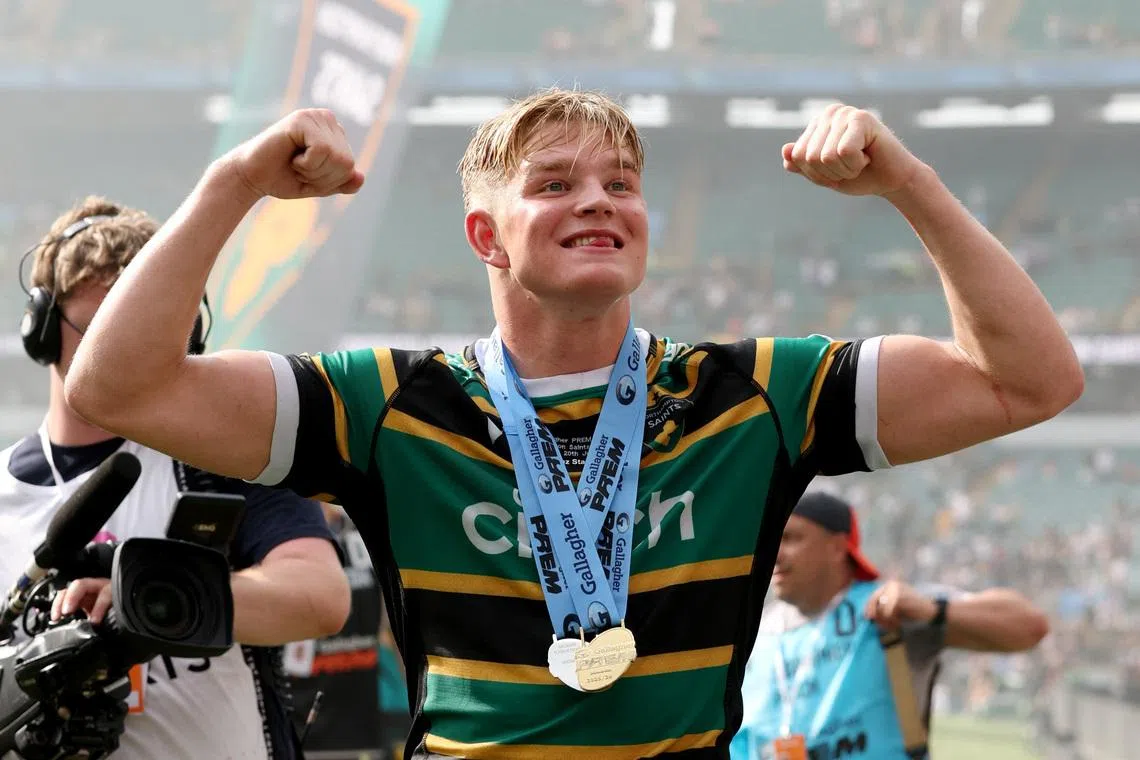 Rugby Union - Premiership Final - Northampton Saints v Exeter Chiefs - Allianz Stadium, Twickenham, Britain - June 20, 2026 Northampton Saints' Henry Pollock celebrates after winning the Rugby Union Premiership Final and being awarded with the man of the match medal Action Images via Reuters/Cat Goryn