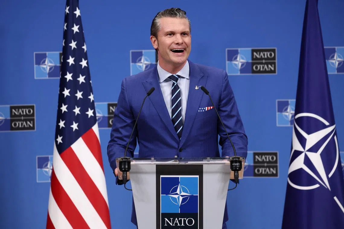 U.S. Defense Secretary Pete Hegseth holds a press conference during a NATO Defence Ministers meeting at the Alliance's headquarters in Brussels, Belgium February 13, 2025. REUTERS/Yves Herman